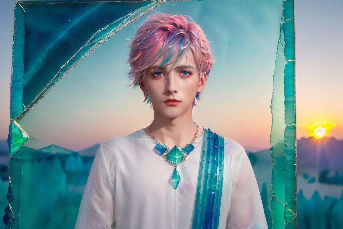 <lora:handsome:0.7> solo, blue eyes, short hair, looking at viewer, upper body, (1boy:1.1), pink hair,cup, sunset,multicolored hair, blue hair,(((crystals texture Hair))),((beautiful detailed glass hair)),((glass shaped texture hand)),((crystallize texture body)),gem body,hands as clear as jewels,crystallization of clothes,((crystals texture skin)),sparkle, lens flare, light leaks,broken glass,detailed glass shaped clothes,beautiful detailed gemstone sky, gemstone sea, crystals texture flowers,((detailed crystallized clothing)),