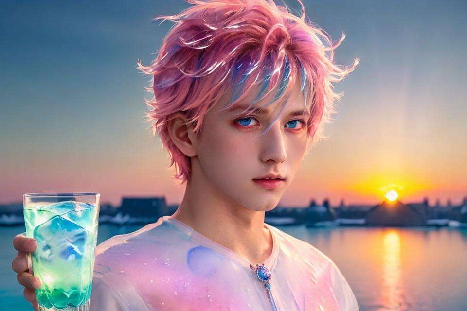 <lora:handsome:0.7> solo, blue eyes, short hair, looking at viewer, upper body, 1boy, pink hair,cup, sunset, beautiful detailed glow,detailed ice,beautiful detailed water,(floating palaces:1.2),(ice crystal texture wings),（Iridescence and rainbow hair:2.5）,