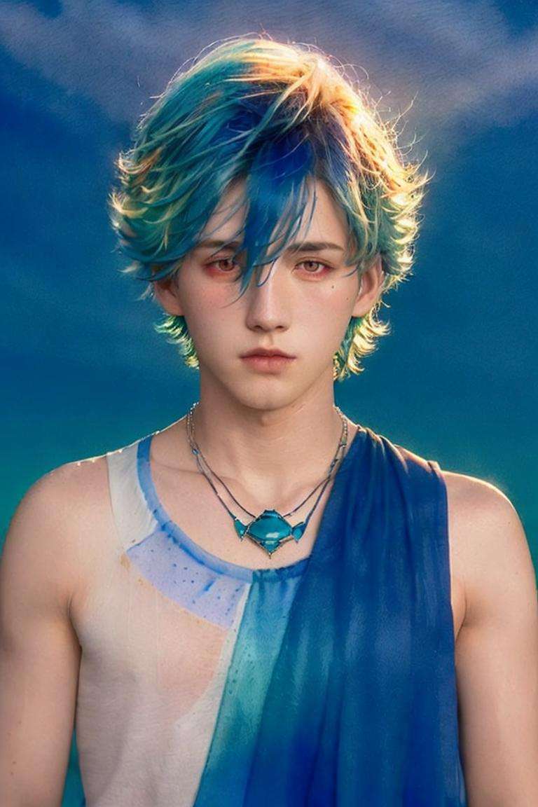 <lora:handsome:0.7>1boy,blue hair,necklace,multicolored hair,blue background,multicolored background,hair between eyes