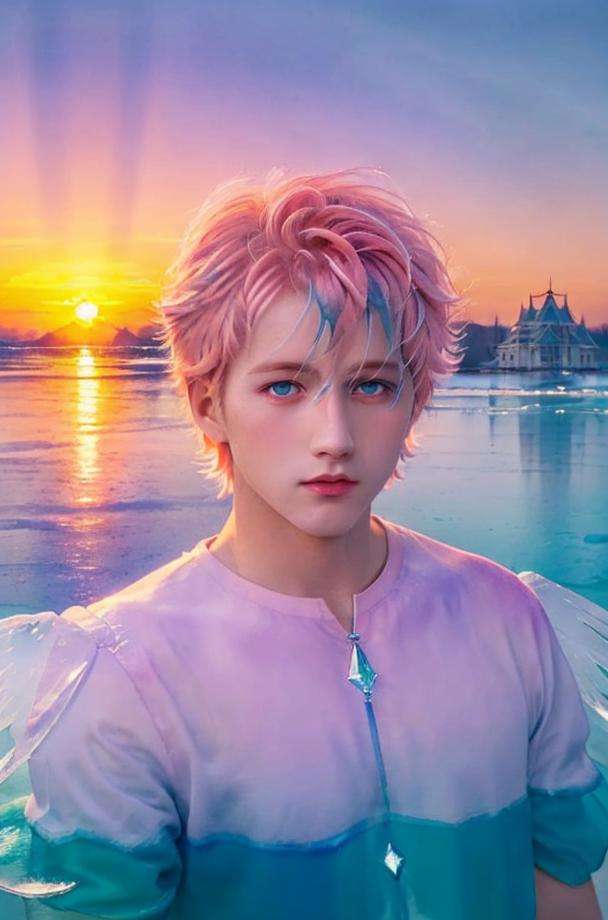 <lora:handsome:0.7> solo, blue eyes, short hair, looking at viewer, upper body, 1boy, pink hair,cup, sunset, beautiful detailed glow,detailed ice,beautiful detailed water,(floating palaces:1.2),(ice crystal texture wings),（Iridescence and rainbow hair:2.5）,