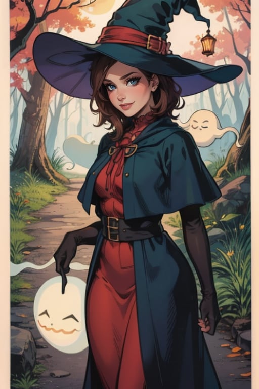 1woman 40yo, solo, medium hair, brown hair,  green eyes, elbow gloves, lips, halloween, witch hat, witch costume, long skirt, realistic, in intricate in a dark forest, colorful,BREAK, (a cute ghost:1.4), (big round eyes), (shy smile), (peeking out:1.4), (soft glow casting a warm light) onto the path ahead,night,SFW,comics