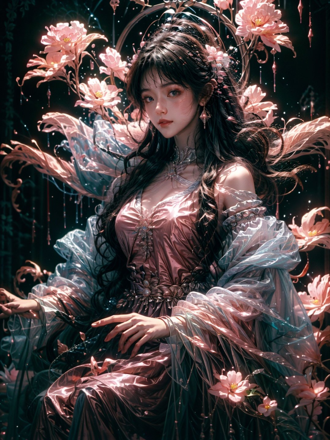  masterpiece,best quality,8k,insane details,intricate details,hyper quality,high detail,ultra detailed,realistic,1girl,long hair,jewelry,looking at viewer,dress,hair ornament,black dress,bracelet,bare shoulders,full body,tail,pink flower,black hair,solo,looking at viewer,earrings,black background,lips,wavy hair,glowing,detached sleeves,closed mouth,beads,makeup,long sleeves,EpicSky, huansha,neon_dress, cute girl