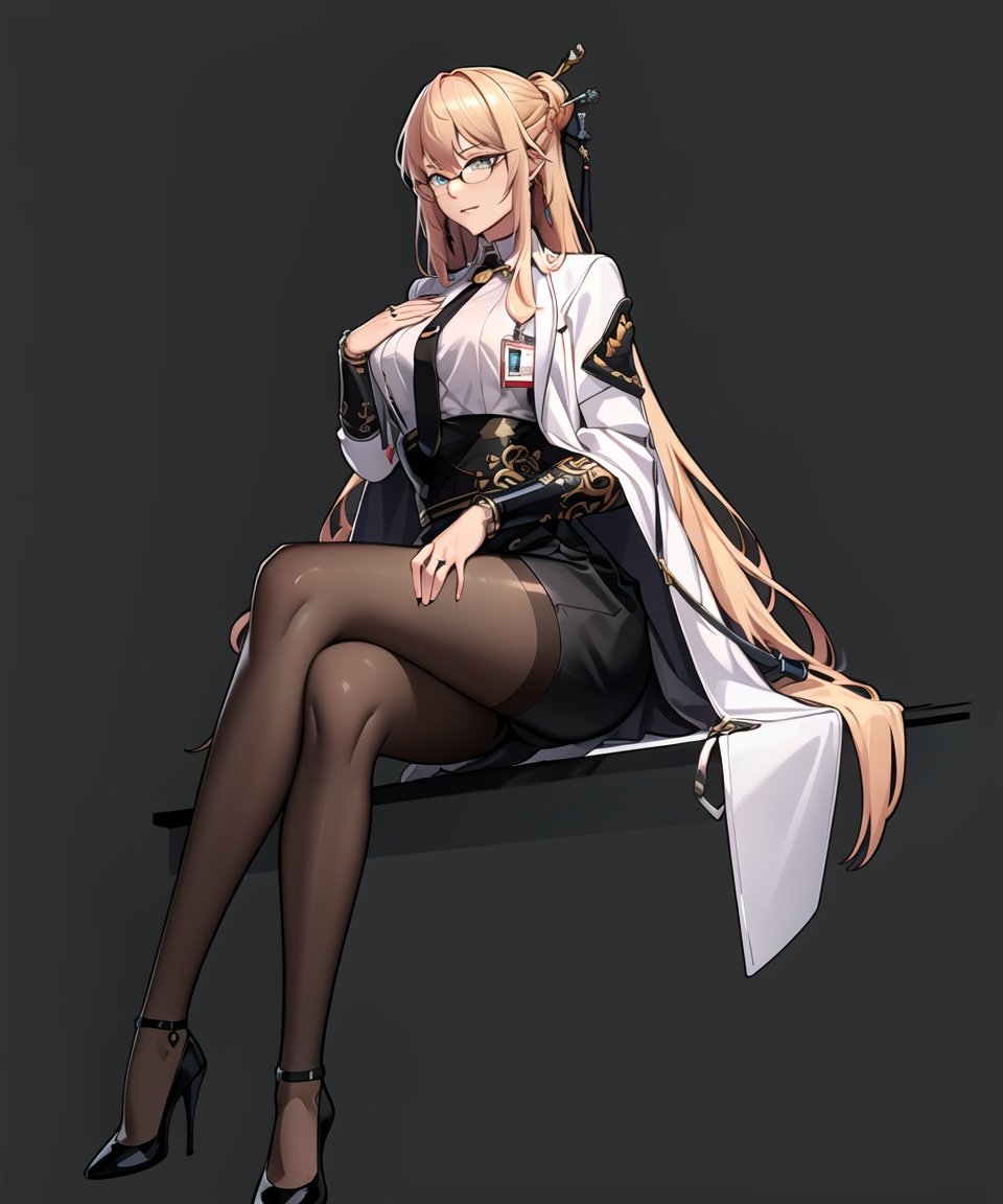 (best quality), ((masterpiece)), (highers), original, extremely detailed CG unity 8k wallpaper,Mechanic,long hair, glasses, pantyhose,long skirt, high heels, id card, hair stick,jewelry, black necktie,1girl, solo, full_body,hands on chest,sitting,crossed legs, simple background, white background, <lora:M6:0.9>