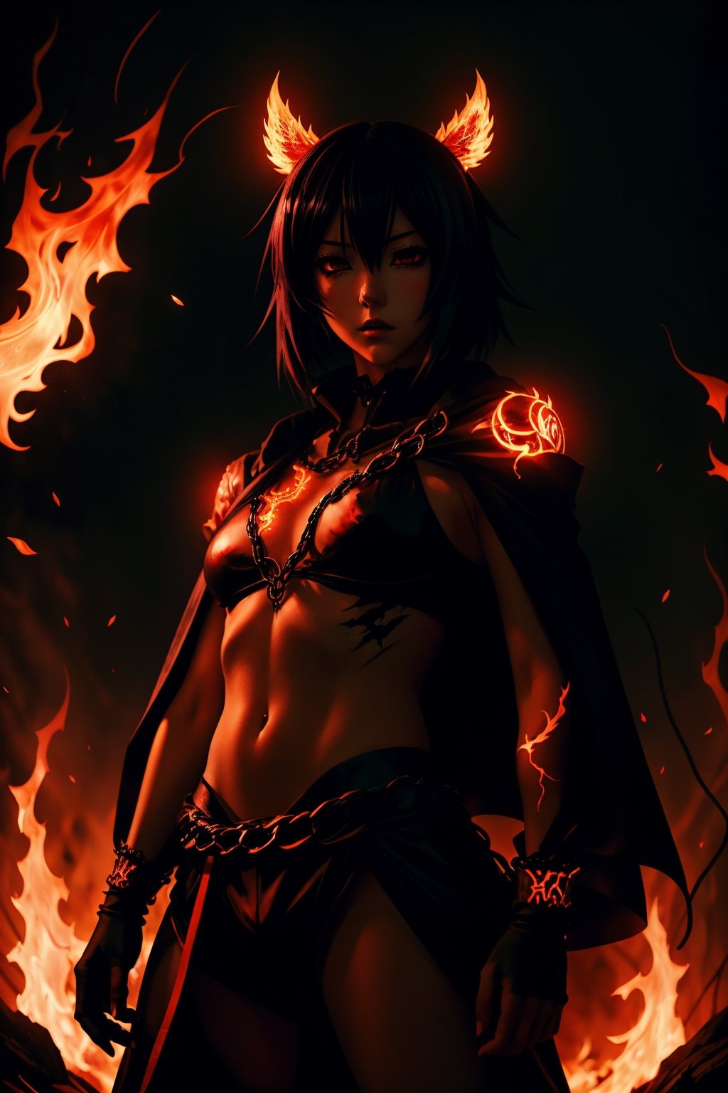 (Anime-style:1.3), (Dark and intense:1.2), A striking anime character, shrouded in shadows and poised for battle, stands against a deep crimson background adorned with menacing chains. Glowing red hollow fire particles dance around the scene, creating an otherworldly ambiance. The unique pastel look adds an ethereal touch to this dramatic and visually intense composition.