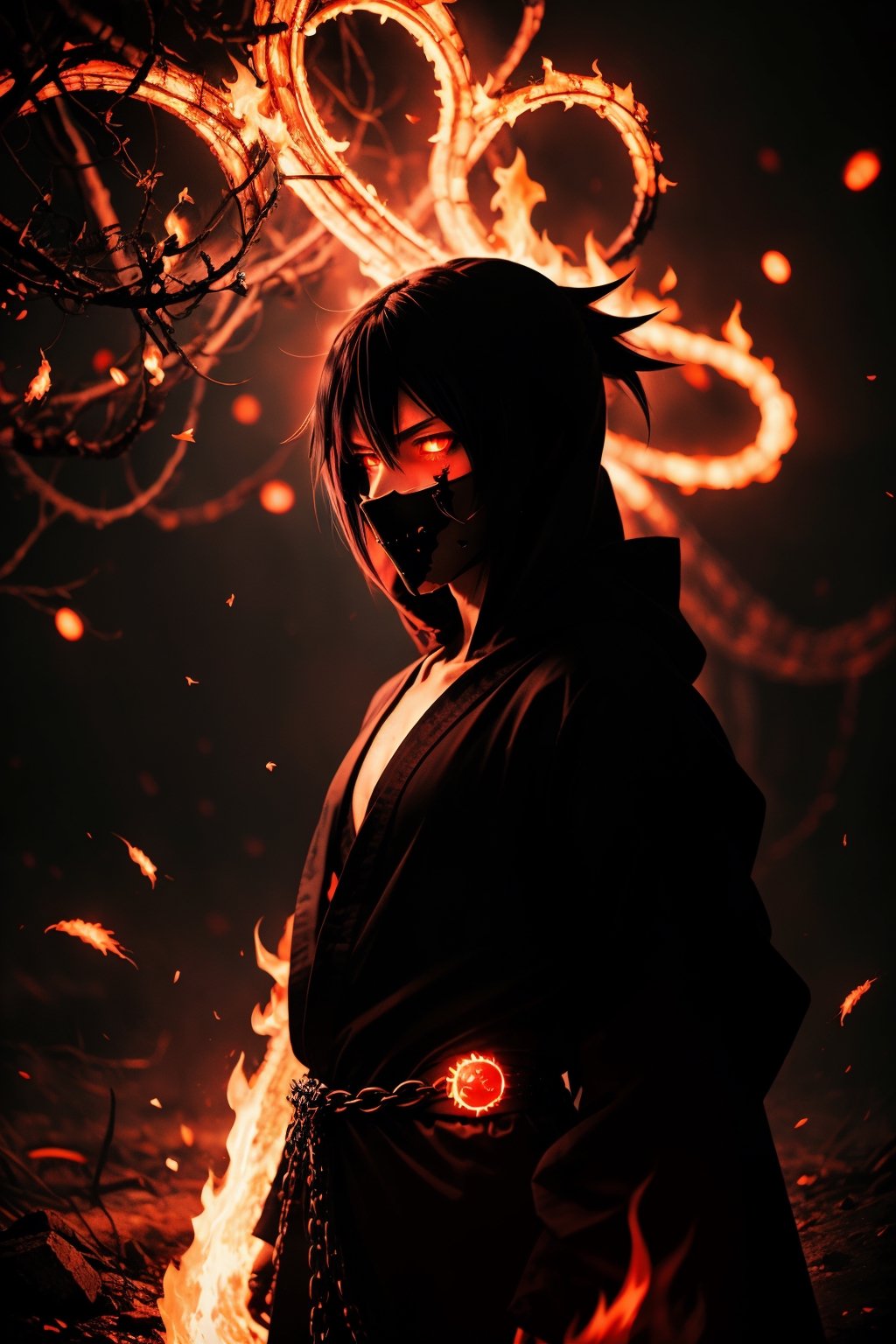 (Anime-style:1.3), (Dark and intense:1.2), A striking anime character, shrouded in shadows and poised for battle, stands against a deep crimson background adorned with menacing chains. Glowing red hollow fire particles dance around the scene, creating an otherworldly ambiance. The unique pastel look adds an ethereal touch to this dramatic and visually intense composition.