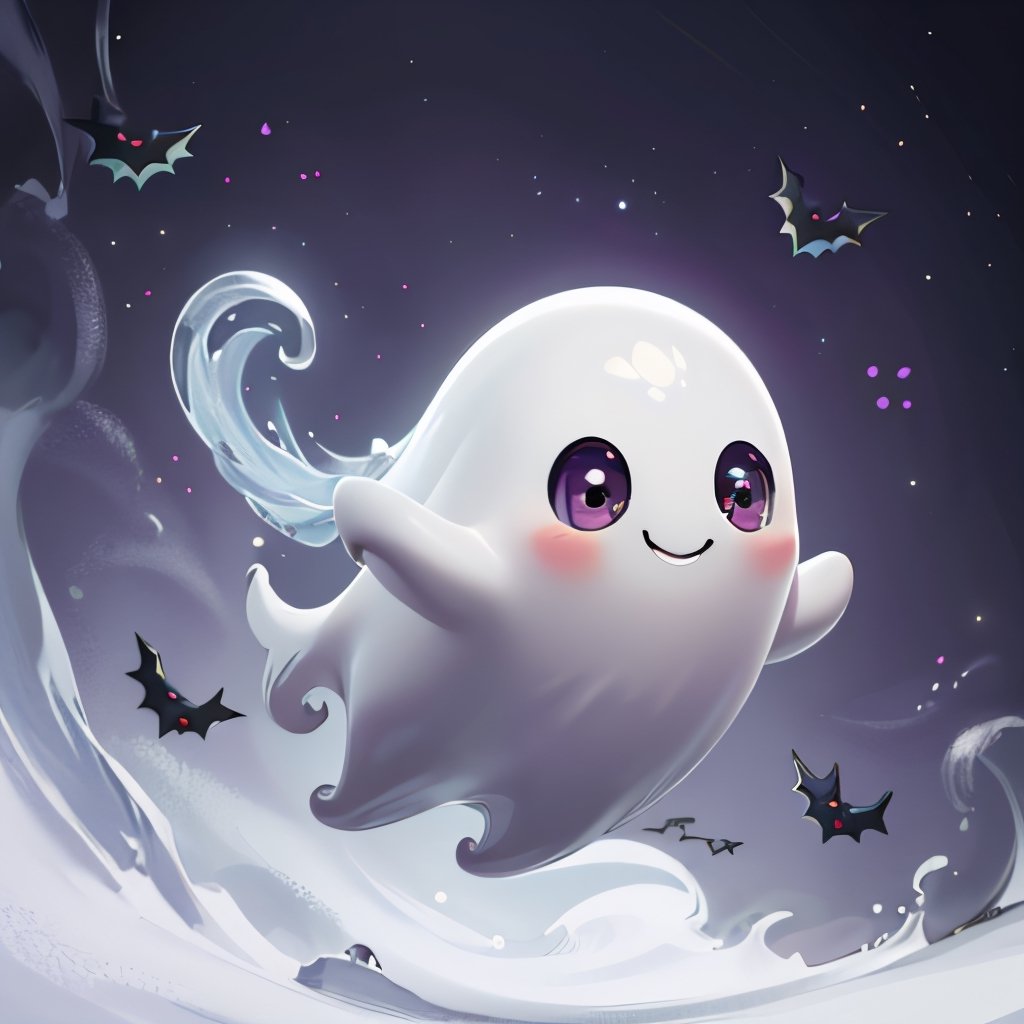 ((masterpiece,best quality)), absurdres,, Cute_Ghost, no humans, solo, ghost, floating, halloween, pokemon (creature), cute, solo, smiling, looking at viewer,purple theme, graveyard in background, 