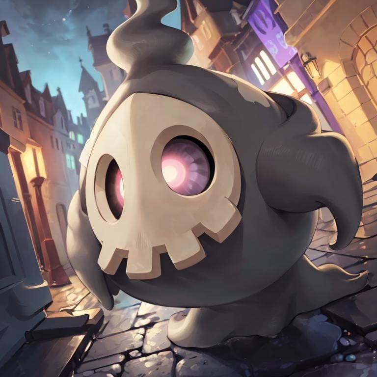 ((masterpiece,best quality)), absurdres,<lora:Duskull_Pokemon_Anime:0.8>, Duskull_Pokemon, no humans, pokemon \(creature\), , solo, smiling, looking at viewer,purple theme, graveyard in background, 