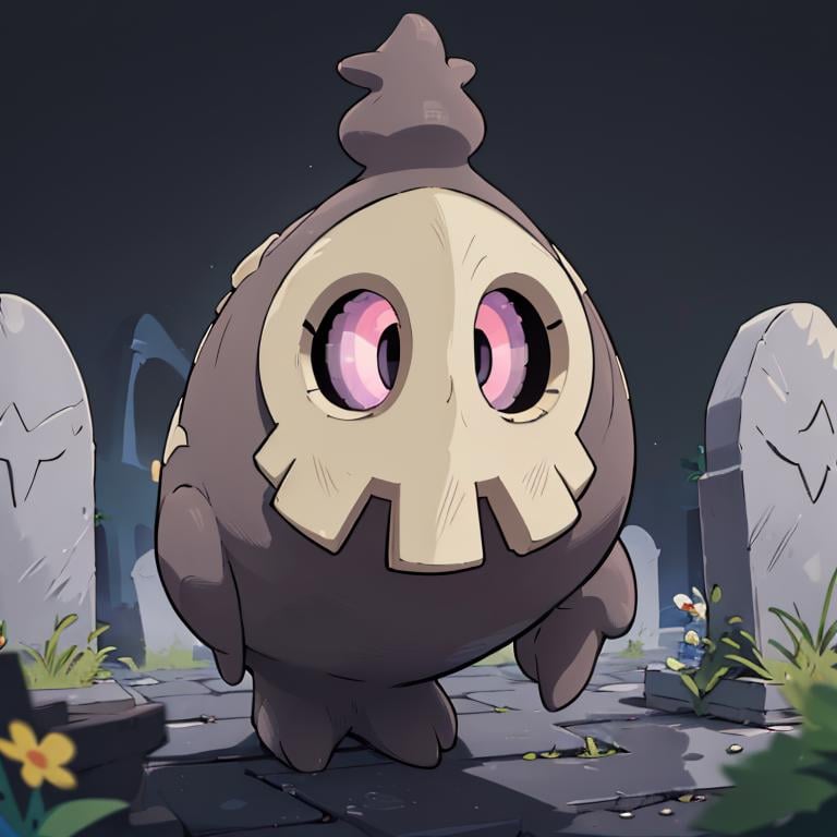 ((masterpiece,best quality)), absurdres,<lora:Duskull_Pokemon_Anime:0.8>, Duskull_Pokemon, no humans, pokemon \(creature\),solo, smiling, looking at viewer,purple theme, graveyard in background, 