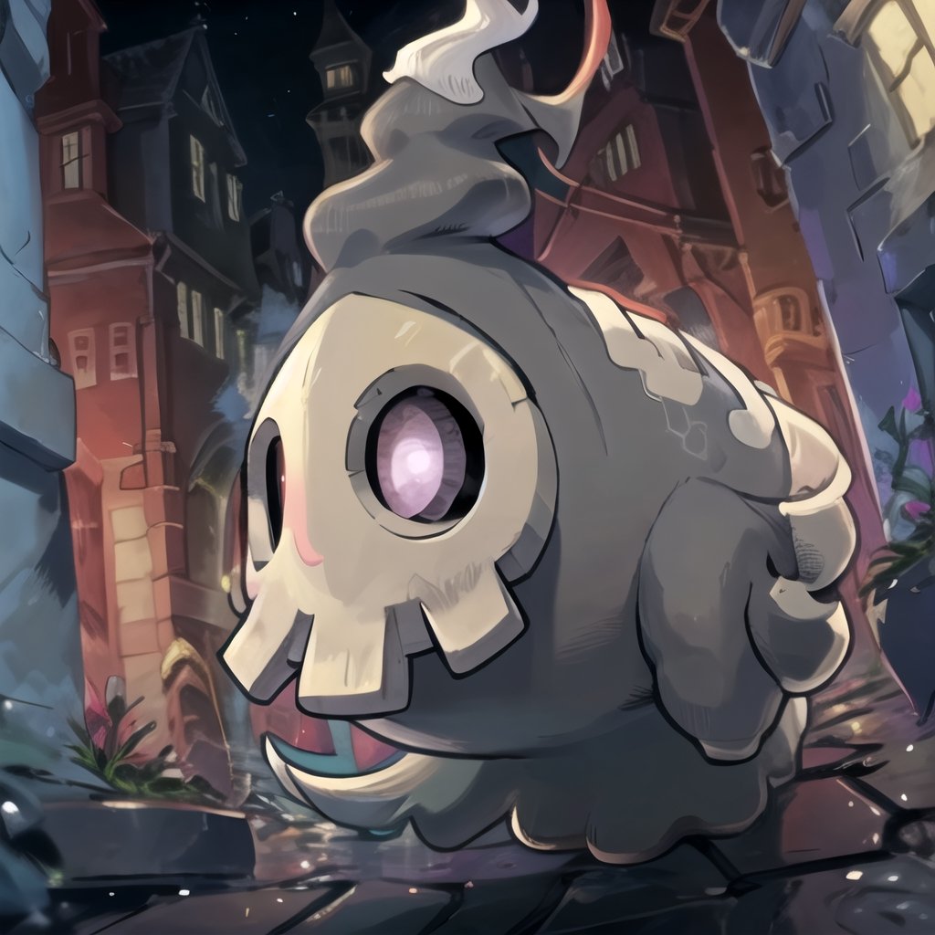 ((masterpiece,best quality)), absurdres,, Duskull_Pokemon, no humans, pokemon \(creature\), , traditional_youkai, solo, smiling, looking at viewer,purple theme, graveyard in background, 