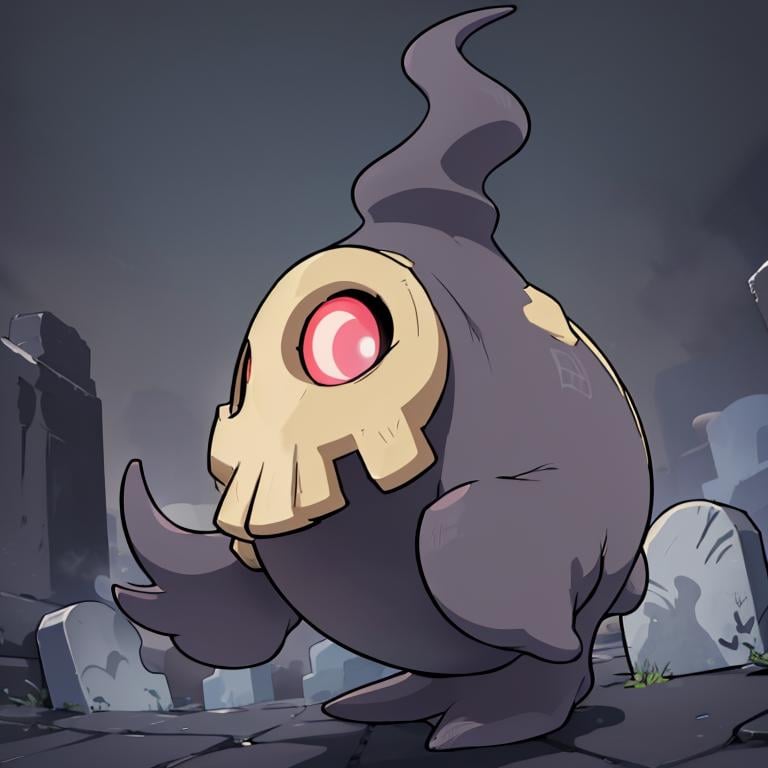 ((masterpiece,best quality)), absurdres,<lora:Duskull_Pokemon_Anime:0.8>, Duskull_Pokemon, no humans, pokemon \(creature\), side view, solo, smiling, looking at viewer,purple theme, graveyard in background, 