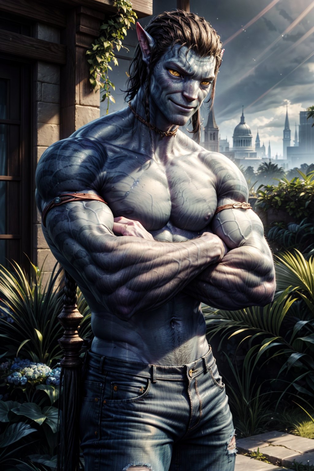 jake_sully, sam worthington, blue skin, colored skin, yellow eyes, black hair, muscular, realistic, crossed arms, big biceps, arrogant smirk, looking at you, shirtless, jeans, garden, daylight