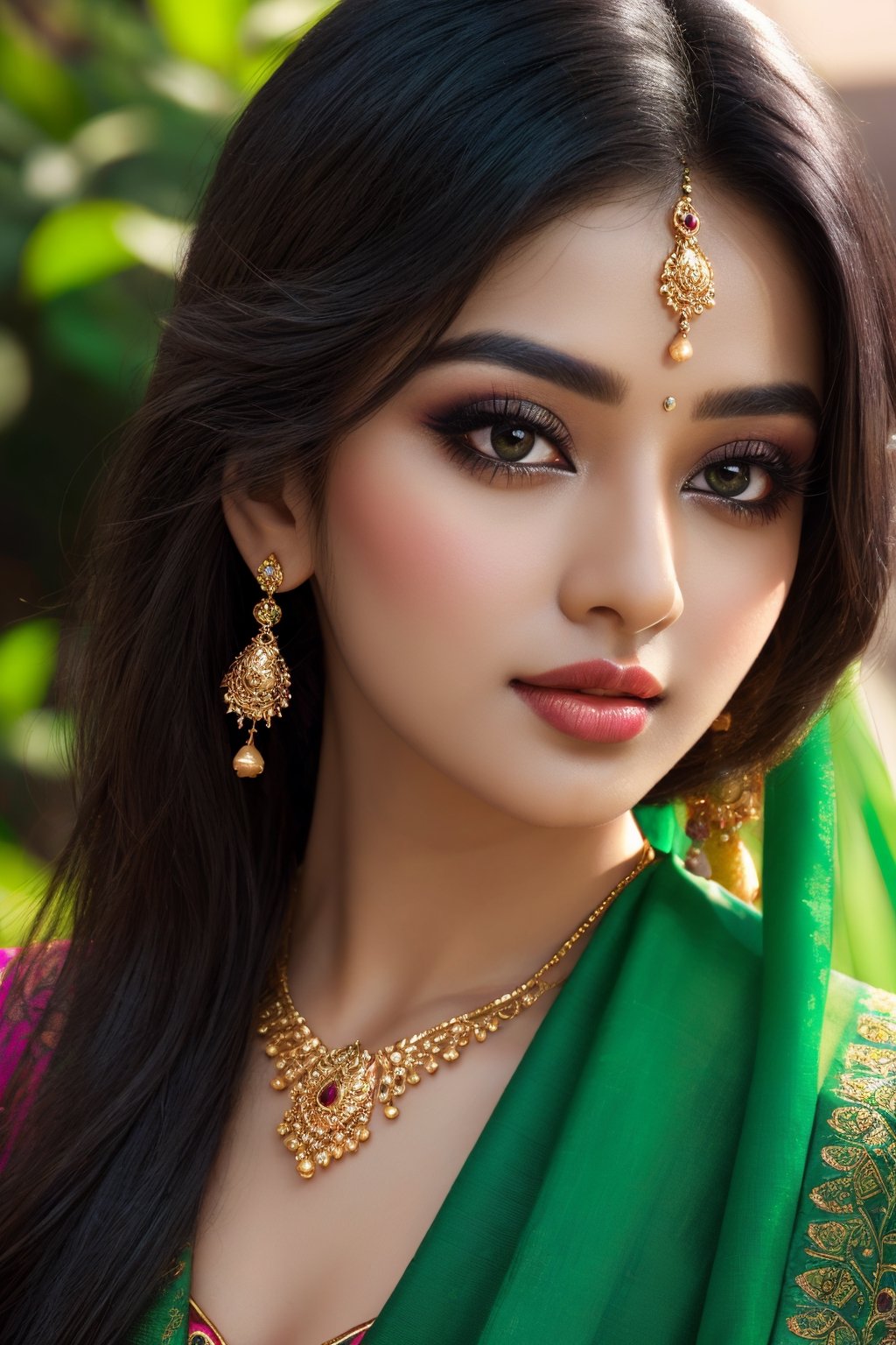 (best quality,highres),detailed eyes,detailed lips,flowing black hair,traditional attire,vibrant colors,natural lighting,lush green background,ethereal atmosphere,subtle makeup,elegant jewelry,confident expression,traditional patterns.