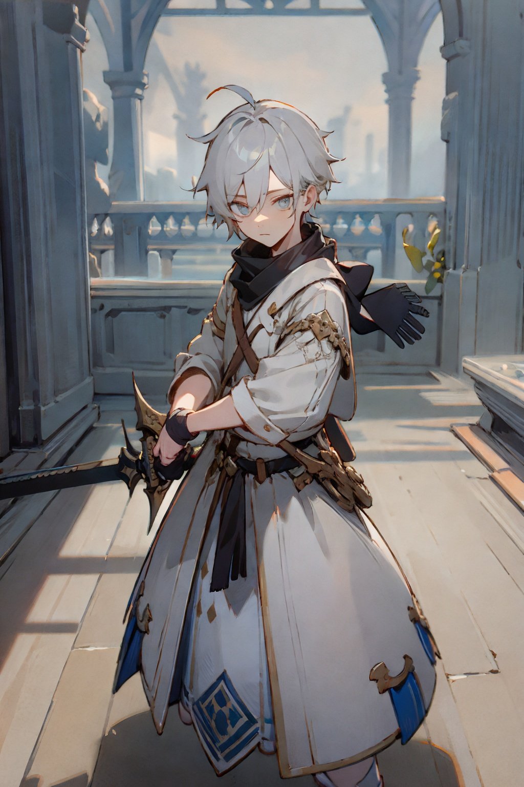 [1girl:1boy:0.4],hollow eyes,scenery,sword guard stance,pale white tone,expressionless,asymmetrical clothes,indoors,ruins,scarf,<lora:starrail:1>