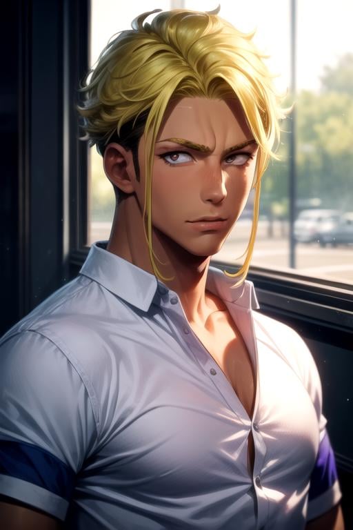 masterpiece, best quality, photorealistic, 1boy, solo, male focus, looking at viewer, upper body, , ligne claire, , <lora:kenichirou_ryuuzaki:0.76>, kenichirou_ryuuzaki, blonde hair, , , , HDR