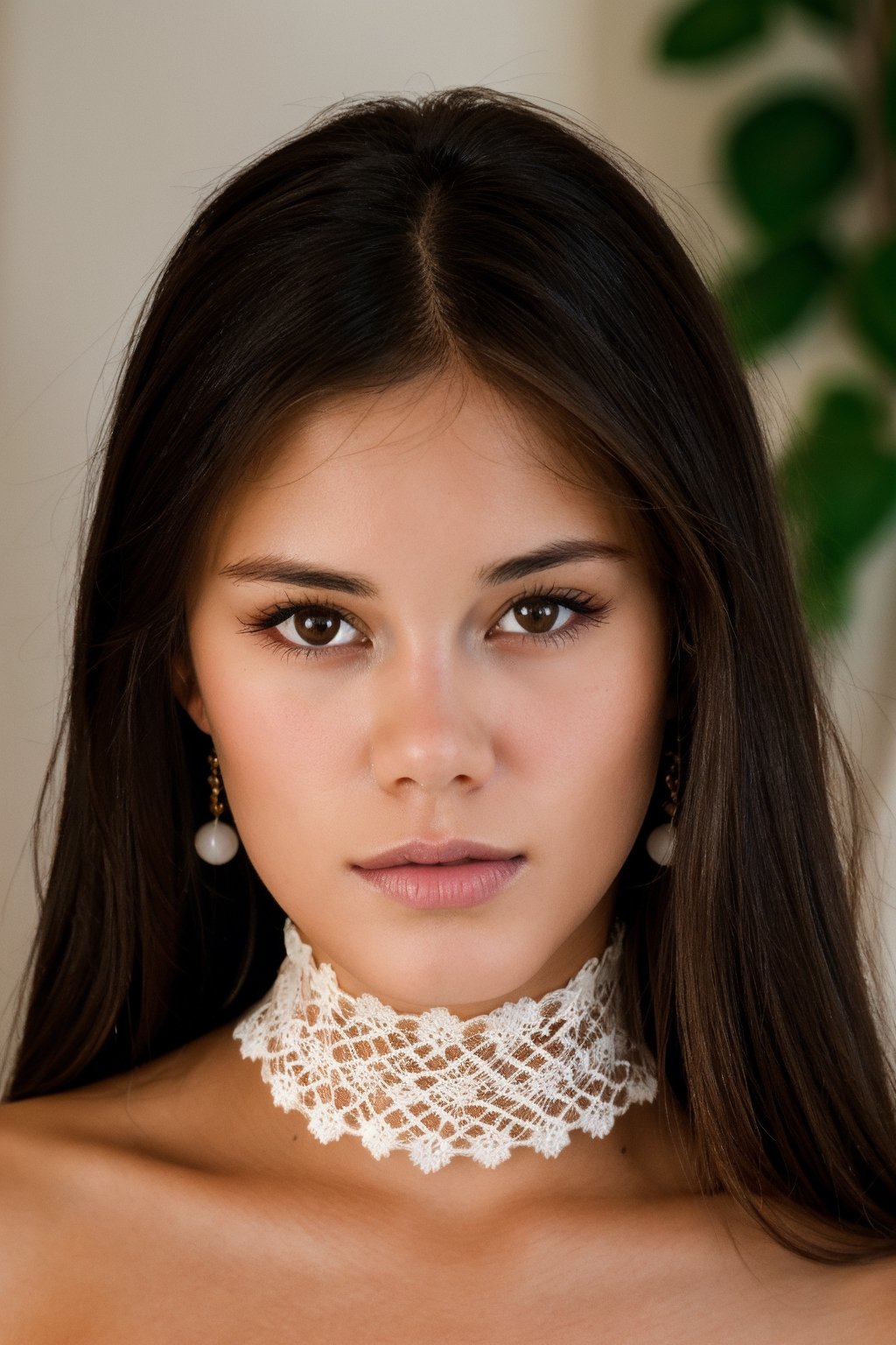 head and shoulder shot, a portrait of a beauty wo_licaprice01, long and brown hair, lace choker, (brown eyes:0.5), nude, detailed skin,(high detailed:1.2), 8k, uhd, dslr, soft lighting, high quality, film grain, Fujifilm XT3,wo_licaprice01