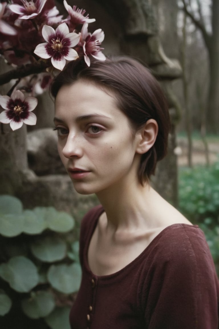 [ (designed by Miroslav Tichý:0.8) and (Ben Goossens:0.8) :2], photograph, over the shoulder shot of a ("The Wellspring of Geometry":1.2) , Grotesque, Burgundy blossoms, Hopeless, short lighting, film grain, compact camera, F/2.8