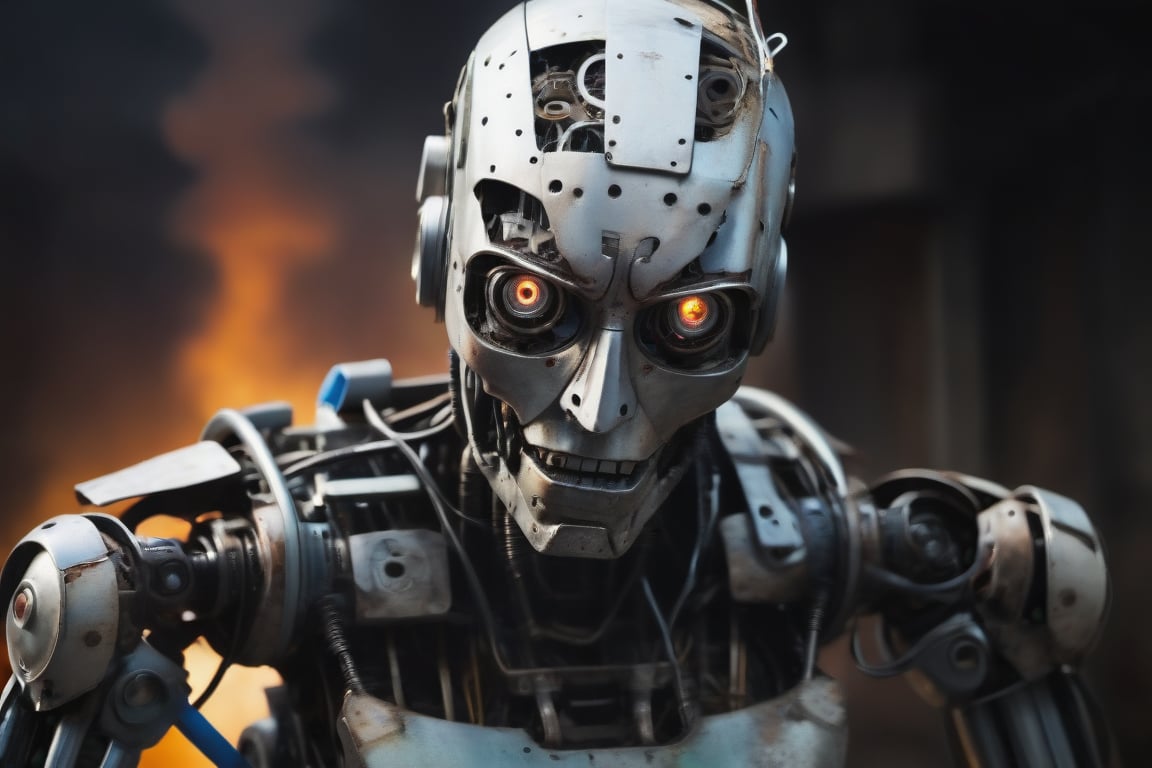 RAW photo of the last robot alive after humanity is gone, menacing face, made from recycled parts, apocalyptic background, detailed dramatic photograph,