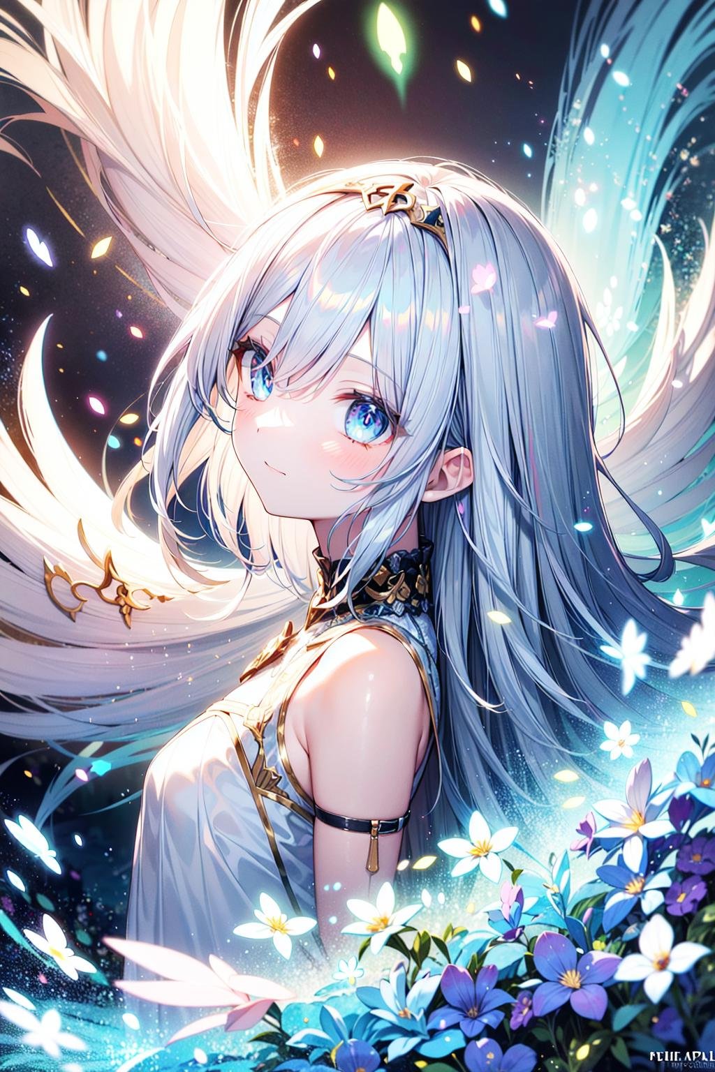 absurdres, highres, (official art, beautiful and aesthetic:1.2), side view,1girl, ☺, wave hair, long hair, (shining eyes:1.2), big eyes, blue eyes,white dress, (fractal art, (kaleidoscope:0.9), colorfield painting, (flower effects:1):1.1),(shine effects, seraph effects, lighting effects:1.25),