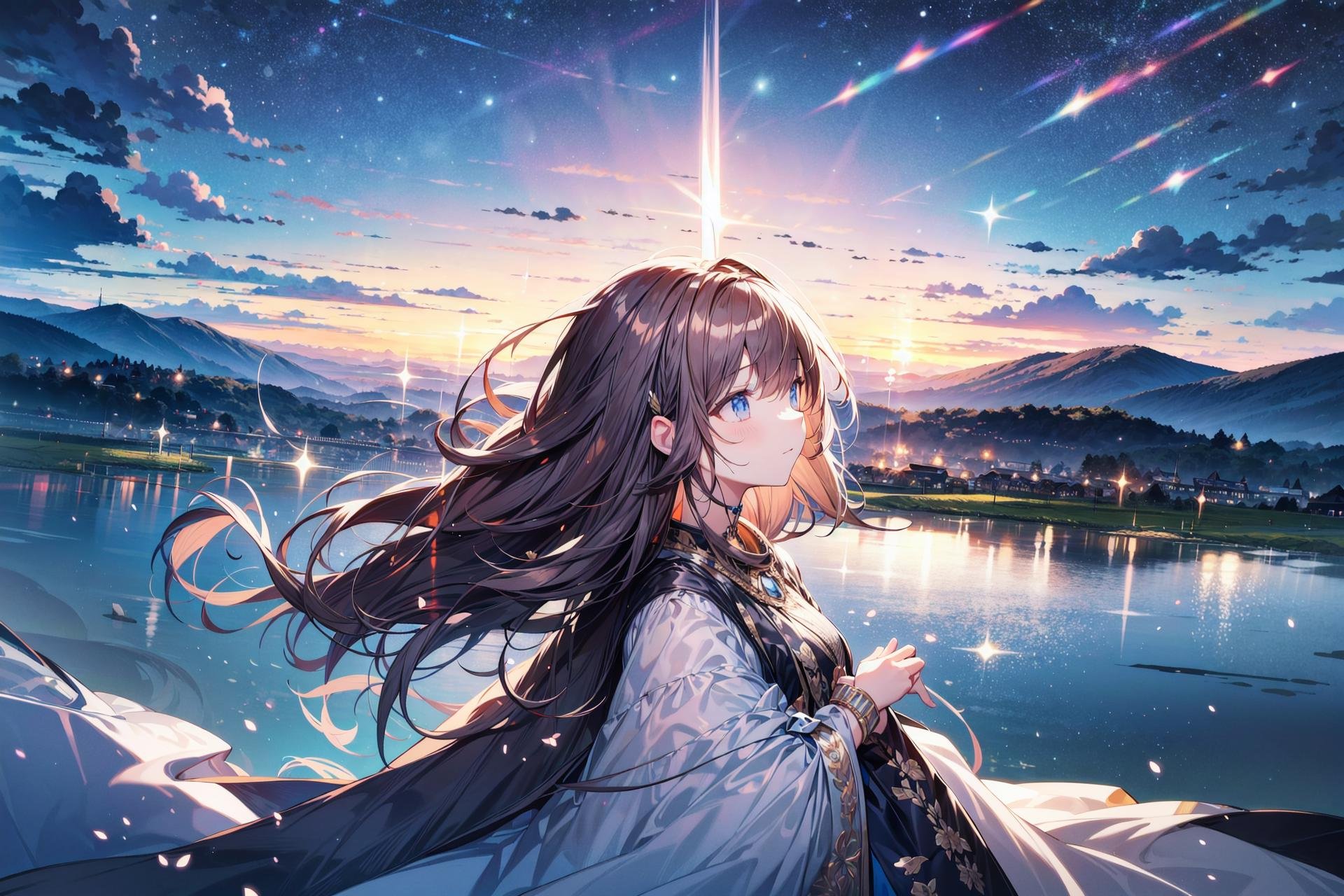 absurdres, highres, (official art, beautiful and aesthetic:1.2), close view, 1girl, shining sky, vast world, gazing, awe-inspiring expression, distant horizon, clouds, high hill, natural beauty, inspiration, night sky, Shining Stars, 