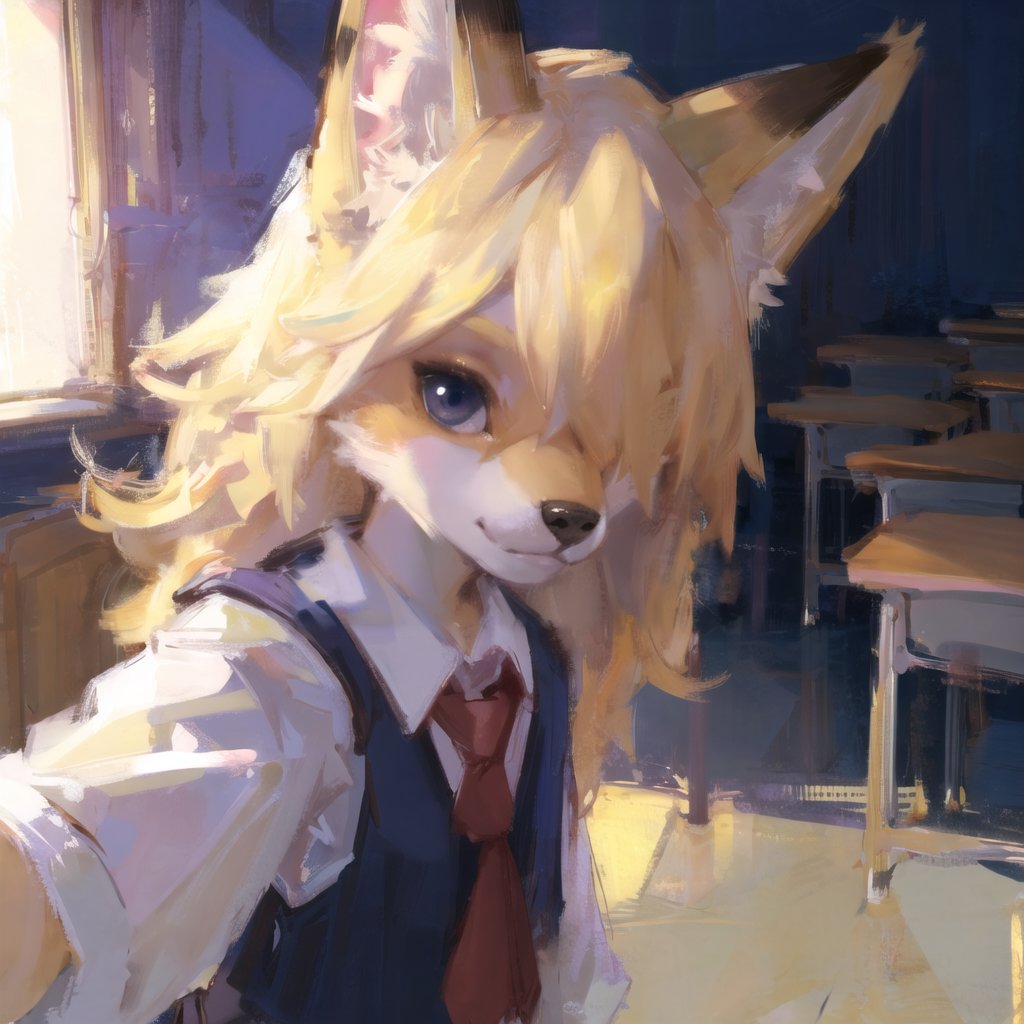 absurdres, highres, ultra detailed, masterpiece, sharp shading,wind,solo,perfect lighting,portrait,  fox furry girl,(kid:1.2),blonde,high detail fur,fur paws ,selfie,school uniform, hair over one eye, looking at viewer, <lora:GoodHands-beta2:0.7> <lora:Oilpainting:0.3>l <lora:bouguereau:0.3> Furry Girl