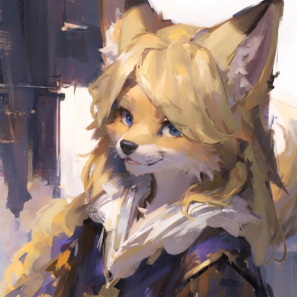 absurdres, highres, ultra detailed, masterpiece, sharp shading,wind,solo,perfect lighting,portrait,  fox furry girl,(kid:1.2),blonde,high detail fur,fur paws ,fantasy,singer outfit, hair over one eye, looking at viewer, <lora:GoodHands-beta2:0.7> <lora:Oilpainting:0.3>l <lora:bouguereau:0.3> Furry Girl