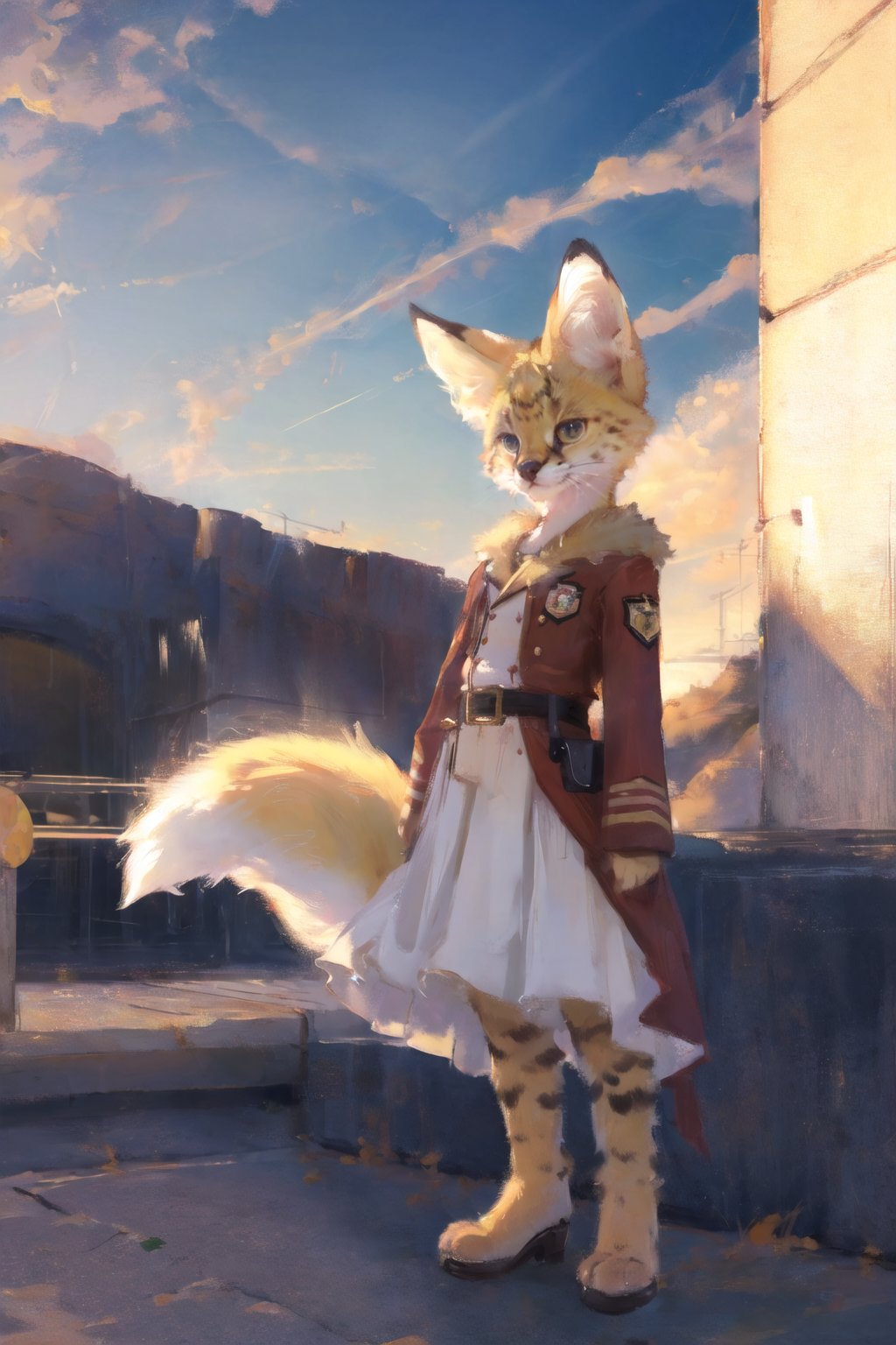 absurdres, highres, ultra detailed, masterpiece, sharp shading,wind,solo,perfect lighting,train fox cat girl,(kid:1.2),soumao,blonde,high detail fur,fur paws ,uniform,looking at viewer, <lora:GoodHands-beta2:0.7> <lora:bouguereau:0.3> <lora:servalcat:0.7>