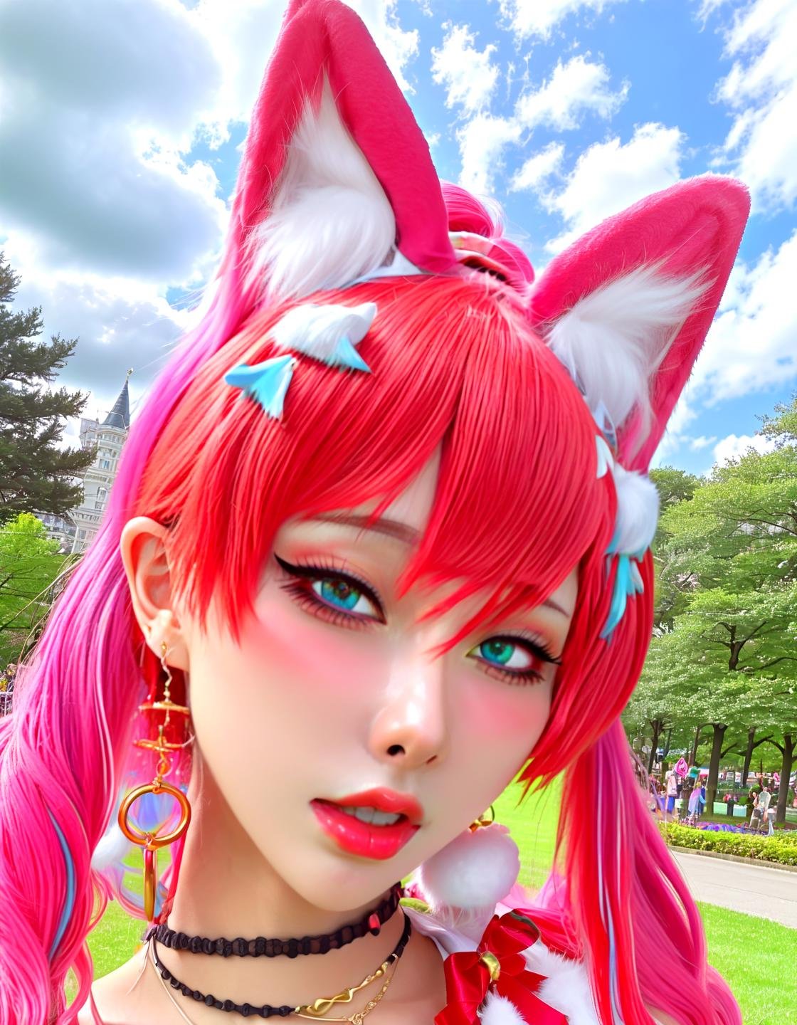 Ankama vivid animation style HaneAme, animal ears, beautyfull detailed eyes, colured hair, choker, jewelry, looking at viewer, ponytail, cat ears, long hair, necklace, bangs, hoop earrings, kissing mouth, candy cotton clouds, fantasy world, walking in the park,,. Vibrant colors, expansive storyworlds, stylized characters, flowing motion