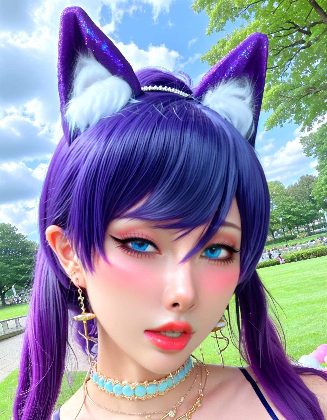 Ankama vivid animation style HaneAme, animal ears, beautyfull detailed eyes, blue colured hair, choker, jewelry, looking at viewer, ponytail, cat ears, long hair, necklace, bangs, hoop earrings, kissing mouth, candy cotton clouds, fantasy world, walking in the park, glitterbomb, it's raining glitter, upper body, princess dress,,. Vibrant colors, expansive storyworlds, stylized characters, flowing motion