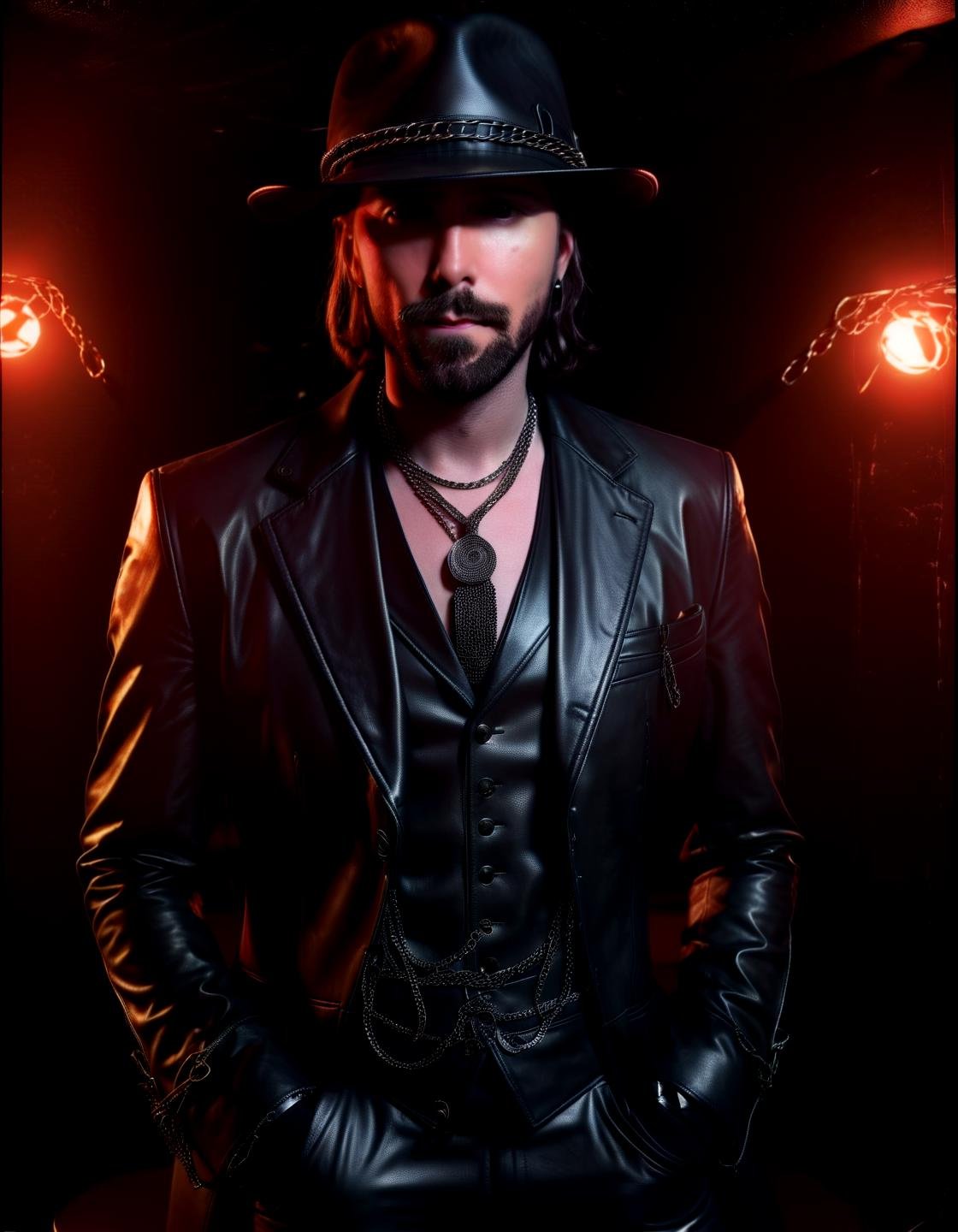 Sophisticated sensual tableaus,  this asmongold wearig a matt black leather suit and a black leather hat,  chains by Denni...