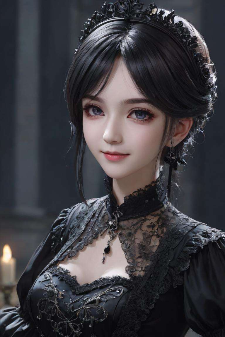 (masterpiece, top quality, best quality, official art, beautiful and aesthetic:1.2), (gothic_girl), light smile, black dress, intricate dress, highest detailed, zoom_out, perfect eyes, random hairstyle