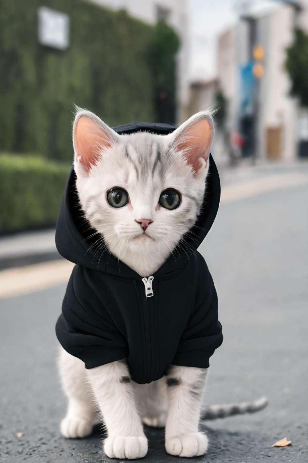 a kitty with black hoodie standing on street