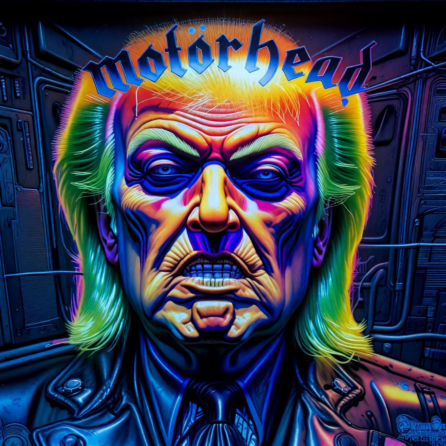 Album Cover Art (donald trump:1.3) close up cyberpunk style, motörhead_cover, record cover, ,,, Album Cover Art, often for music albums, band branding, or iconic cover designs.