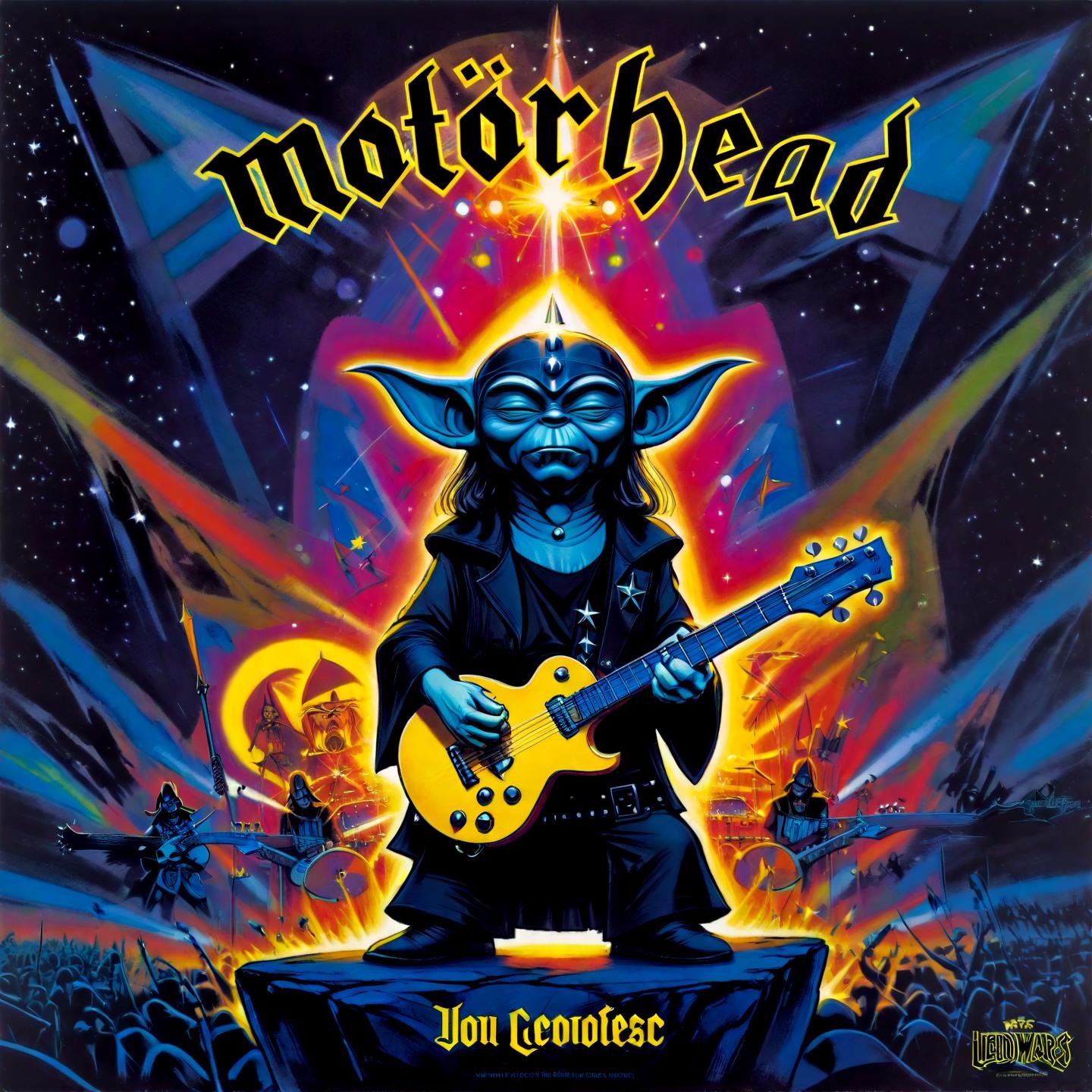 Disney animation style master yoda as lemmy from motörhead, playing guitar on a (rock concert:0.85), motörhead_cover, record cover, (star wars style:1.1),,. Bright colors, fluid motion, charming characters, wholesome storytelling, hand-drawn animation