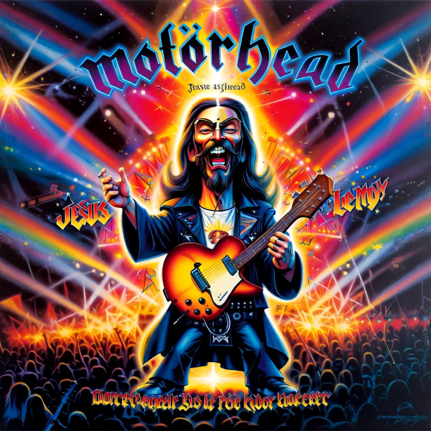 Ankama vivid animation style as lemmy playing guitar at a rock concert in heaven,  ,  motörhead_cover by DennisSchöneberg...