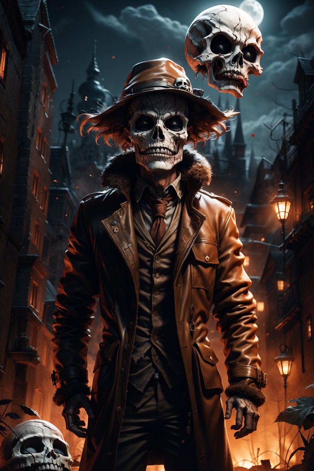 hat, moon, zombie, full moon, coat, skull, jacket, night, trench coat,