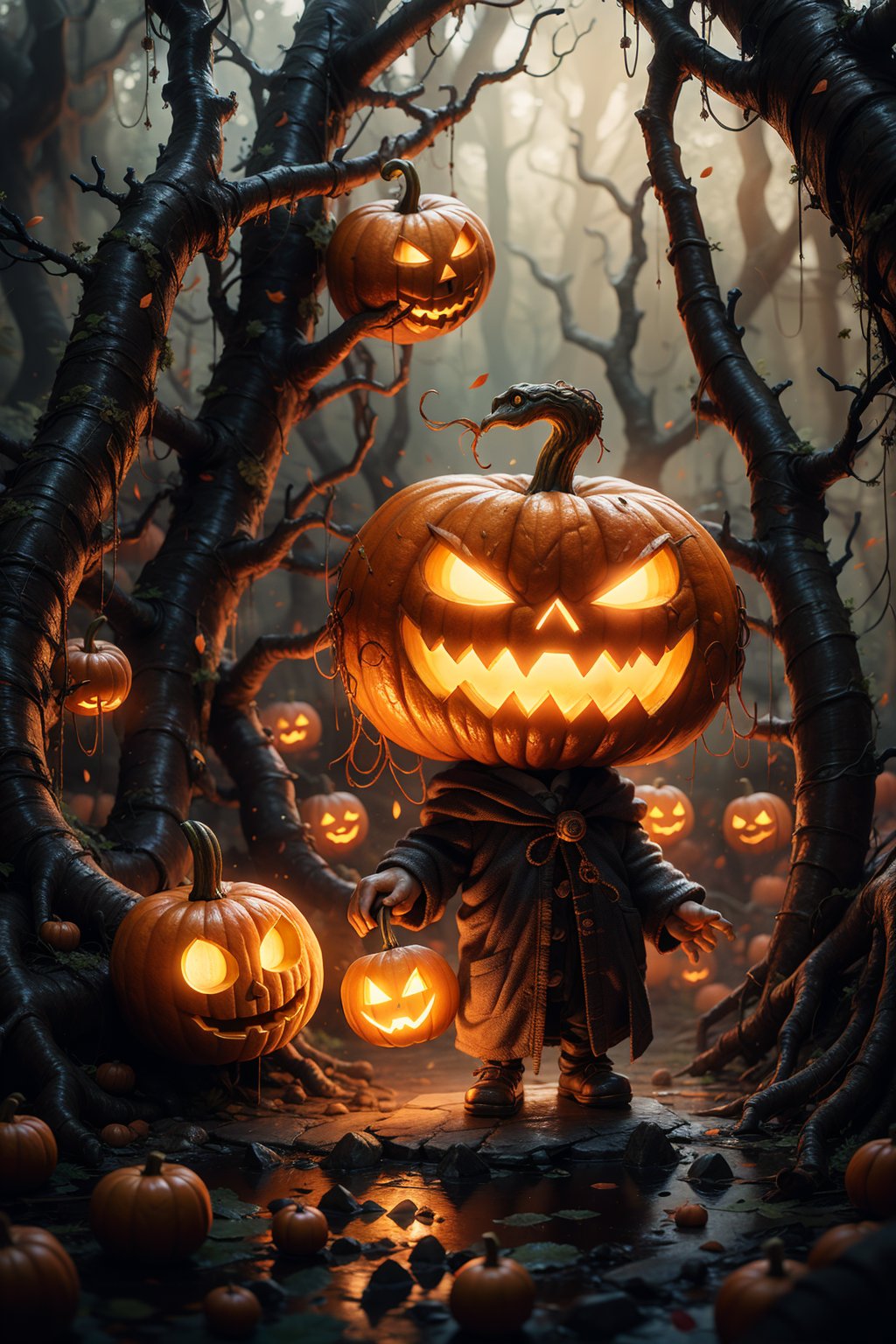 Best picture quality, cute art style, a cute little girl, mysterious forest, anthropomorphic tree spirit, holding a pumpkin lantern, following a floating, cute little ghost, full of details
