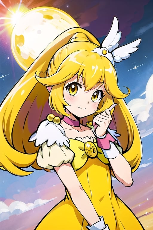 a woman in a yellow dress and a hat with a bird on her head, symphogear, anime girl named lucy, anime visual of a cute girl, rei hiroe, magical girl anime mahou shojo, yami kawaii, best anime character design, daytime ethereal anime, yellow radiant magic, aya takano color style, anime best girl, portrait of magical girl