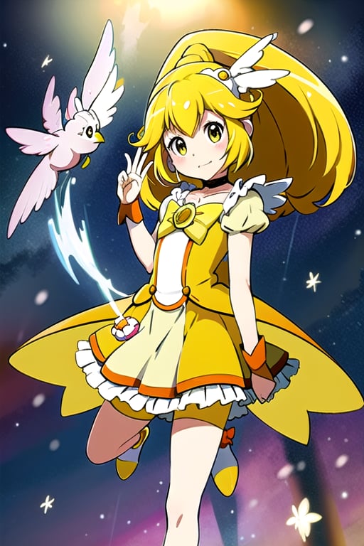 a girl in a yellow dress and a hat with a bird on her head, symphogear, anime girl named lucy, anime visual of a cute girl, rei hiroe, magical girl anime mahou shojo, yami kawaii, best anime character design, daytime ethereal anime, yellow radiant magic, aya takano color style, anime best girl, portrait of magical girl