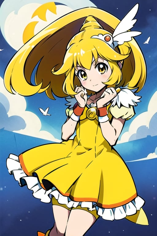 a woman in a yellow dress and a hat with a bird on her head, symphogear, anime girl named lucy, anime visual of a cute girl, rei hiroe, magical girl anime mahou shojo, yami kawaii, best anime character design, daytime ethereal anime, yellow radiant magic, aya takano color style, anime best girl, portrait of magical girl