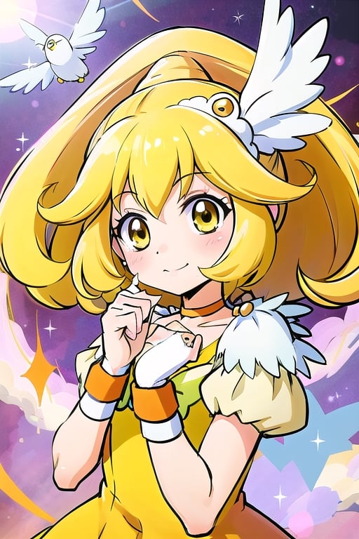 a woman in a yellow dress and a hat with a bird on her head, symphogear, anime girl named lucy, anime visual of a cute girl, rei hiroe, magical girl anime mahou shojo, yami kawaii, best anime character design, daytime ethereal anime, yellow radiant magic, aya takano color style, anime best girl, portrait of magical girl