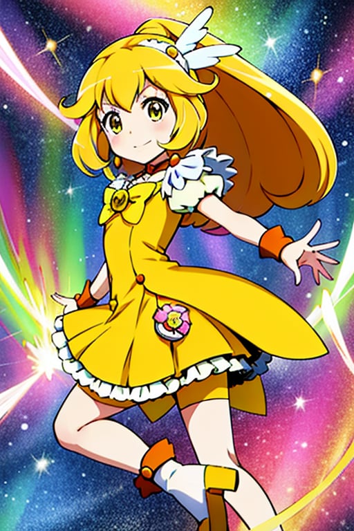 a woman in a yellow dress and a hat with a bird on her head, symphogear, anime girl named lucy, anime visual of a cute girl, rei hiroe, magical girl anime mahou shojo, yami kawaii, best anime character design, daytime ethereal anime, yellow radiant magic, aya takano color style, anime best girl, portrait of magical girl