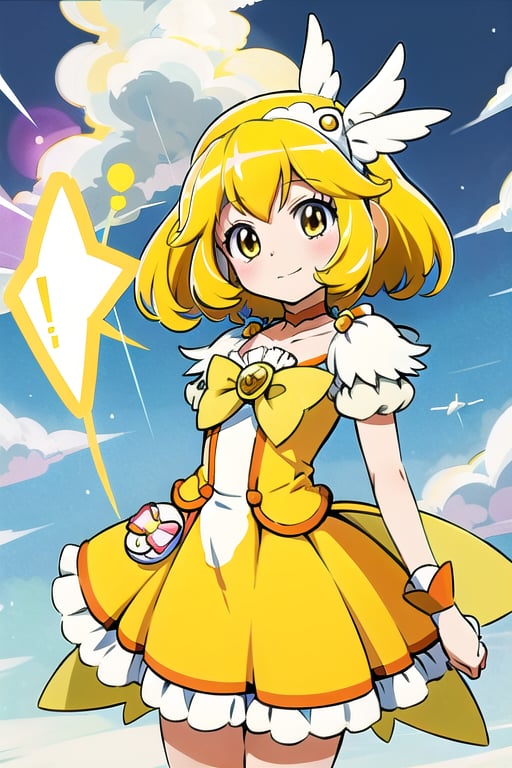 a woman in a yellow dress and a hat with a bird on her head, symphogear, anime girl named lucy, anime visual of a cute girl, rei hiroe, magical girl anime mahou shojo, yami kawaii, best anime character design, daytime ethereal anime, yellow radiant magic, aya takano color style, anime best girl, portrait of magical girl