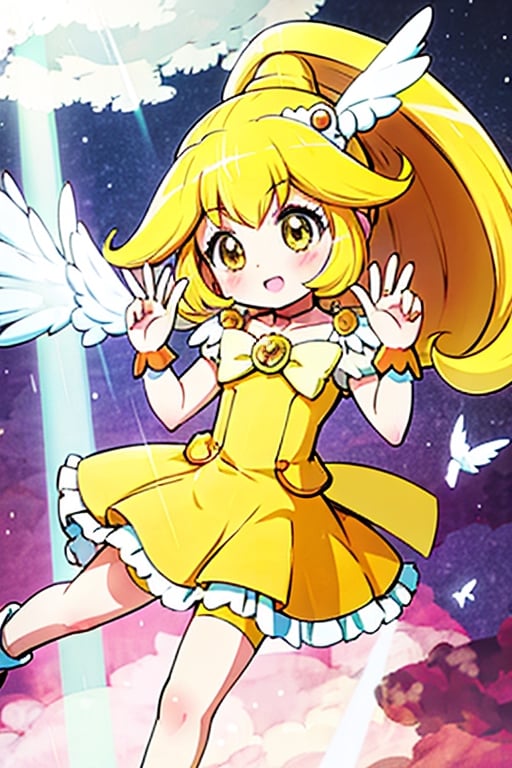 a woman in a yellow dress and a hat with a bird on her head, symphogear, anime girl named lucy, anime visual of a cute girl, rei hiroe, magical girl anime mahou shojo, yami kawaii, best anime character design, daytime ethereal anime, yellow radiant magic, aya takano color style, anime best girl, portrait of magical girl