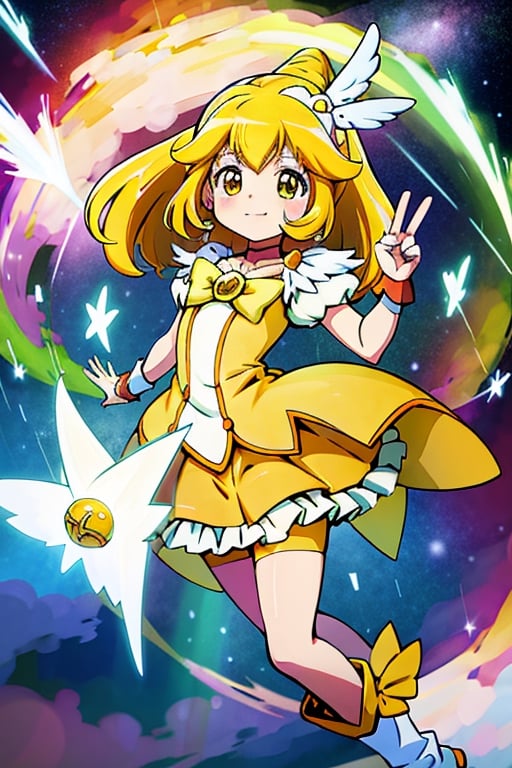 a woman in a yellow dress and a hat with a bird on her head, symphogear, anime girl named lucy, anime visual of a cute girl, rei hiroe, magical girl anime mahou shojo, yami kawaii, best anime character design, daytime ethereal anime, yellow radiant magic, aya takano color style, anime best girl, portrait of magical girl