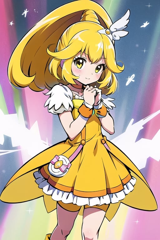 a woman in a yellow dress and a hat with a bird on her head, symphogear, anime girl named lucy, anime visual of a cute girl, rei hiroe, magical girl anime mahou shojo, yami kawaii, best anime character design, daytime ethereal anime, yellow radiant magic, aya takano color style, anime best girl, portrait of magical girl