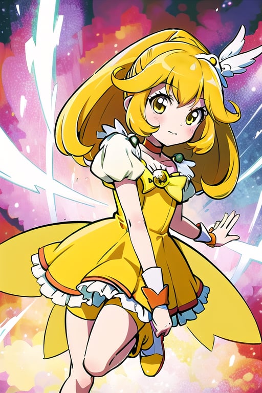 a woman in a yellow dress and a hat with a bird on her head, symphogear, anime girl named lucy, anime visual of a cute girl, rei hiroe, magical girl anime mahou shojo, yami kawaii, best anime character design, daytime ethereal anime, yellow radiant magic, aya takano color style, anime best girl, portrait of magical girl