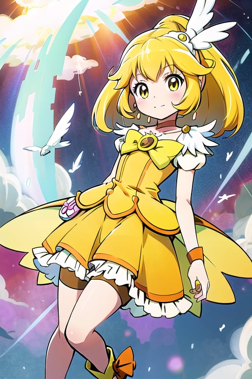 (masterpiece, best quality:1.2), a woman in a yellow dress and a hat with a bird on her head, symphogear, anime girl named lucy, anime visual of a cute girl, rei hiroe, magical girl anime mahou shojo, yami kawaii, best anime character design, daytime ethereal anime, yellow radiant magic, aya takano color style, anime best girl, portrait of magical girl