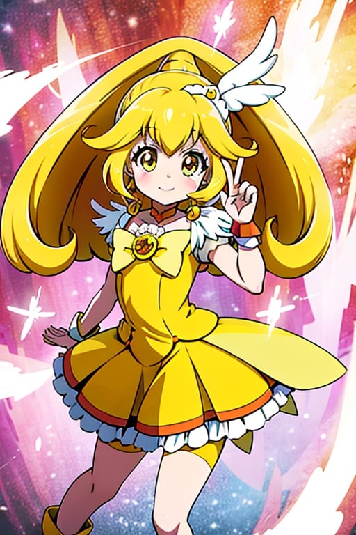 a woman in a yellow dress and a hat with a bird on her head, symphogear, anime girl named lucy, anime visual of a cute girl, rei hiroe, magical girl anime mahou shojo, yami kawaii, best anime character design, daytime ethereal anime, yellow radiant magic, aya takano color style, anime best girl, portrait of magical girl