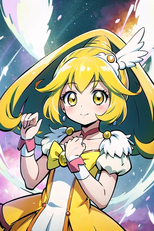 a woman in a yellow dress and a hat with a bird on her head, symphogear, anime girl named lucy, anime visual of a cute girl, rei hiroe, magical girl anime mahou shojo, yami kawaii, best anime character design, daytime ethereal anime, yellow radiant magic, aya takano color style, anime best girl, portrait of magical girl