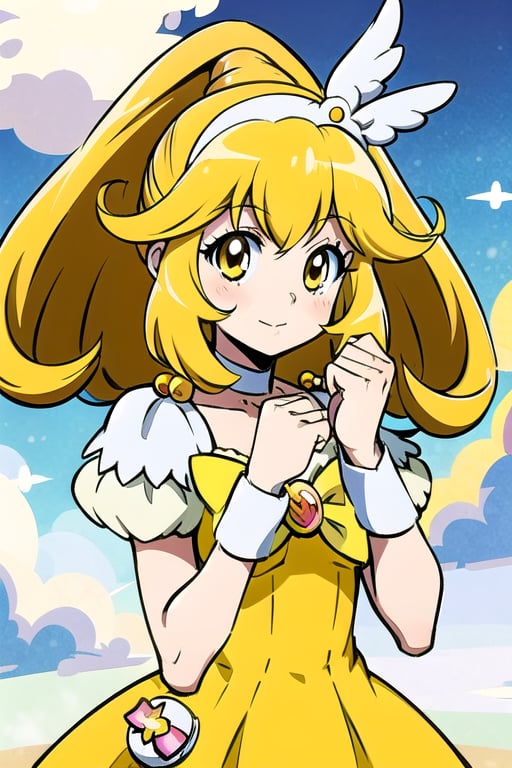 a woman in a yellow dress and a hat with a bird on her head, symphogear, anime girl named lucy, anime visual of a cute girl, rei hiroe, magical girl anime mahou shojo, yami kawaii, best anime character design, daytime ethereal anime, yellow radiant magic, aya takano color style, anime best girl, portrait of magical girl